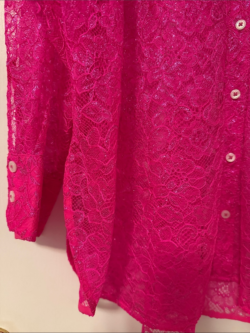 Anthro Anthropologie Glitter Lurex Hot Pink Lace Button Up Blouse Shirt Plus 3X - Picture 5 of 12